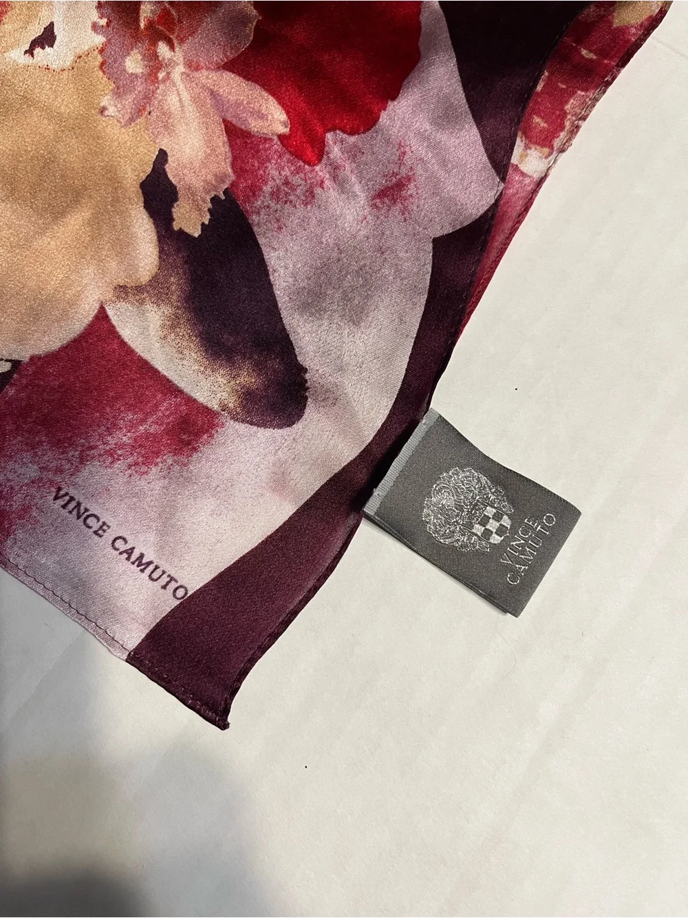 100% Silk Vince Camuto Scarve Burgundy Red and Cream Floral 72in x 18in